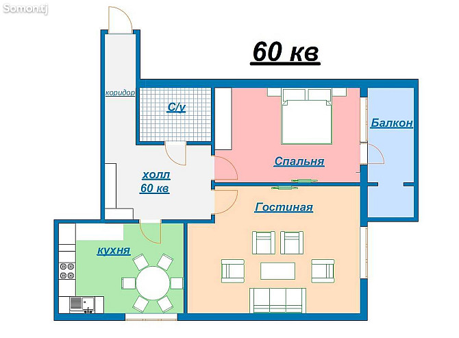 2-комн. квартира, 8 этаж, 60 м², Хитой Бозор Душанбе - изображение 1