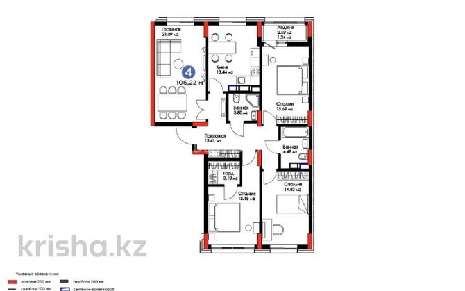 4-комнатная квартира, 106.28 м², 1/16 этаж, Абикен Бектурова 11/1 Astana - photo 1